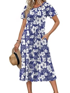 Women's Blue & White Floral Short-Sleeve Midi Dress
